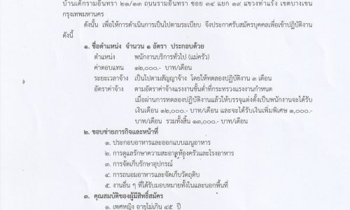 โรงเรียนบ้านเด็กรามอินทรา เปิดรับสมัคร พนักงานบริการทั่วไป (แม่ครัว) จำนวน 1 อัตรา