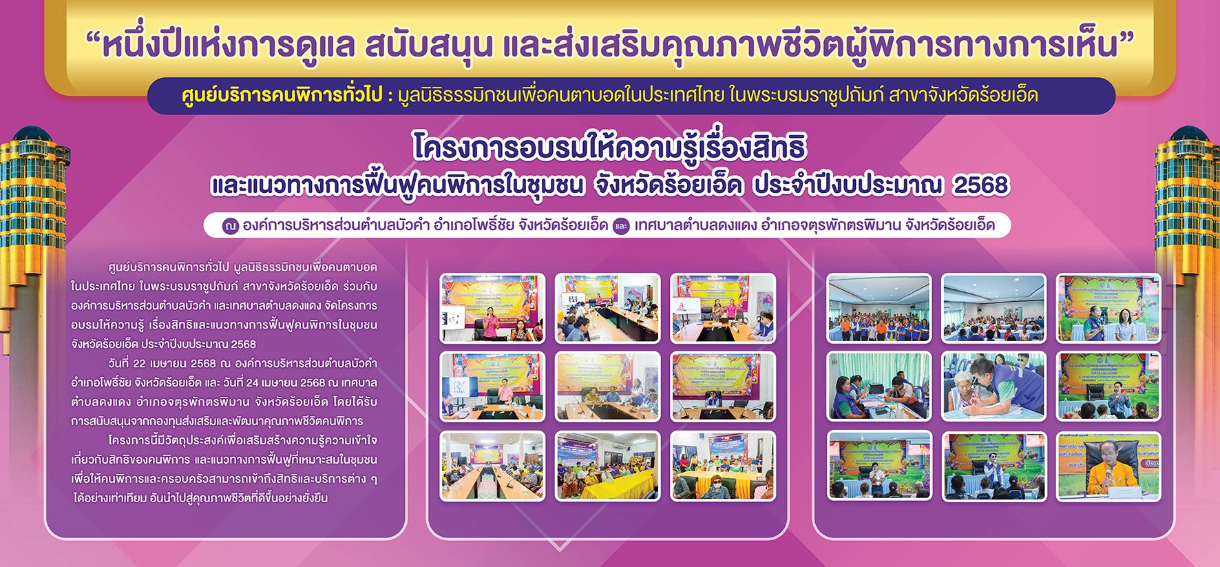 ภาพกิจกรรมโครงการอบรมให้ความรู้เรื่องสิทธิและแนวทางการฟื้นฟูคนพิการในชุมชนจังหวัดร้อยเอ็ดประจำปีงบประมาณ 2568